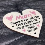 Thank You Gift For Mum Wood Heart Mothers Day Birthday Gift