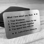 Personalised What I Love About You Mum Metal Card Mothers Day