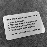 Personalised What I Love About You Mum Metal Card Mothers Day