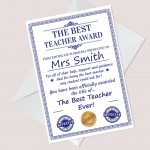 Teacher Cards From Children Personalised BEST TEACHER Card