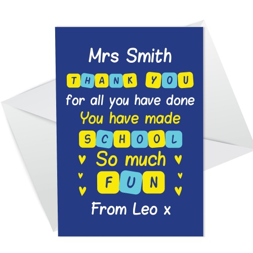 Thank You Teacher Greetings Card Appreciation Card Personalised