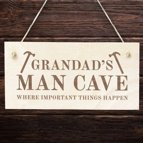 Grandads Man Cave Sign Hanging Wood Plaque Gift For Grandad