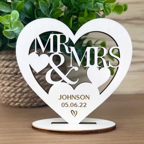 Personalised Mr & Mrs Wedding Gift Wooden Heart Congratulations 