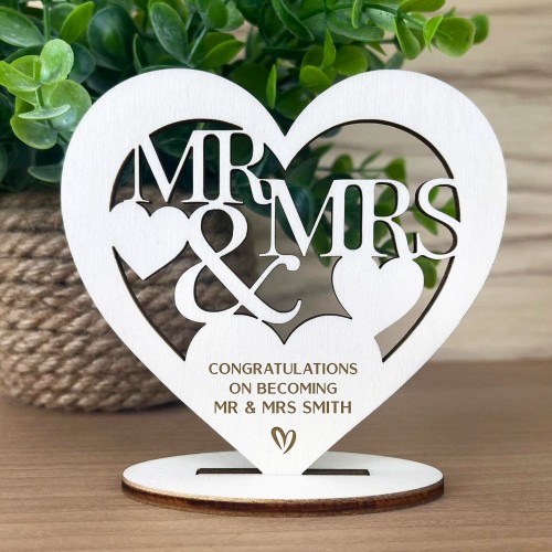 Personalised Wedding Gift Mr & Mrs Congratulations Wood Heart