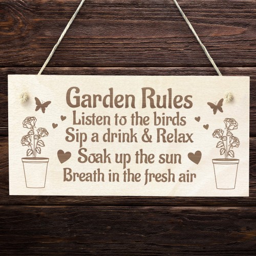 Garden Rules Sign Engraved Hanging Wall Door Plaque Shed Sign