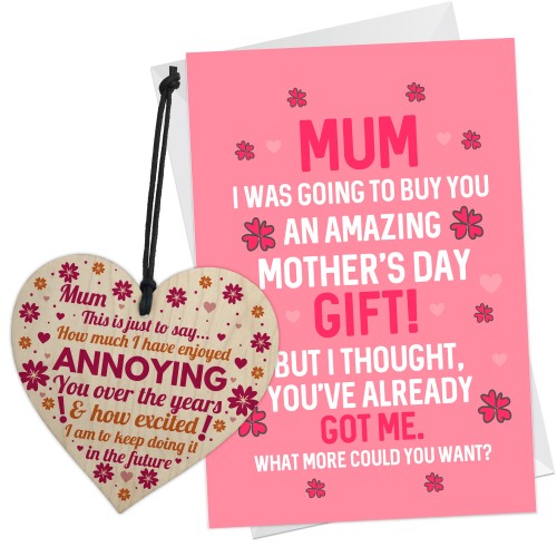 Funny Mothers Day Bundle Wood Heart And Card For Mum Gift 