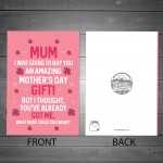 Funny Mothers Day Card for Mum Mummy From Son Daughter