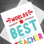 Worlds Best Teacher Card Thank You Card For Teacher Leaving