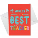 Thank You Card For Teacher Worlds Best Teacher Card Leaving Card