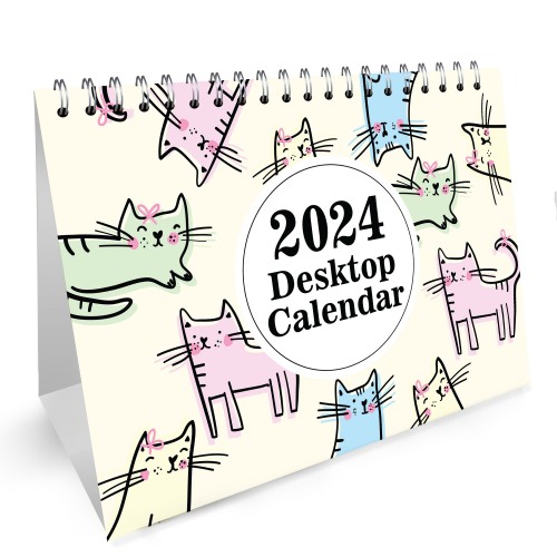 2024 Desktop Cat Themed Calendar Month to View Free-Standing