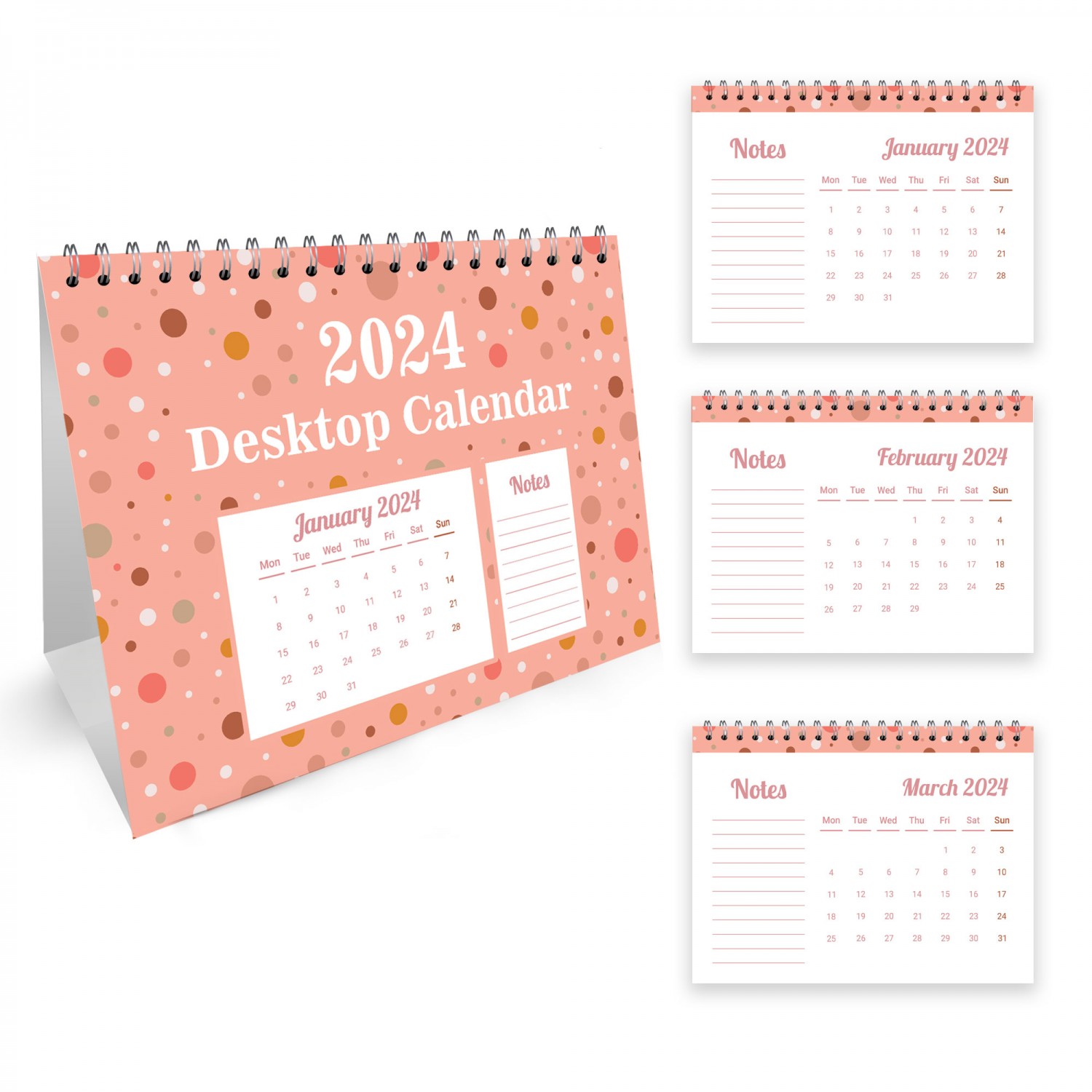 2024 Calendar Polka Dot Desk Calendar 2024 Monthly Calendar