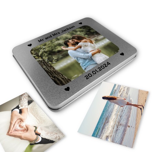 Personalised Mr And Mrs Gift Photo Storage Tin Keepsake Box