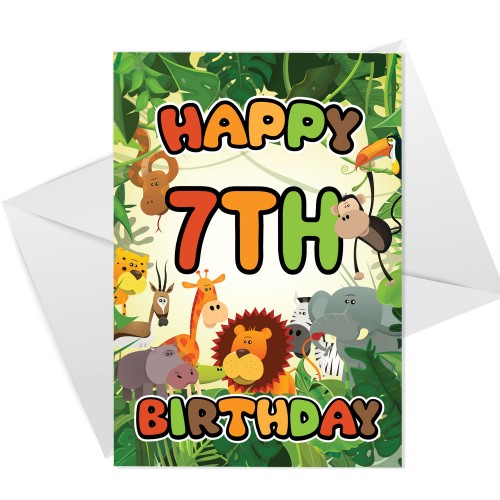 7th Birthday Card for Boy Girl Jungle Safari Animals 7 Years