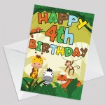 4th Birthday Jungle Animal Card for Boys Girls 4 Year Old Card