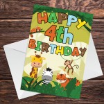 4th Birthday Jungle Animal Card for Boys Girls 4 Year Old Card