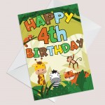 4th Birthday Jungle Animal Card for Boys Girls 4 Year Old Card