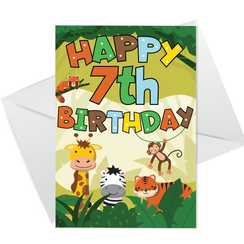 7th Birthday Jungle Animal Card for Boys Girls 7 Year Old Card