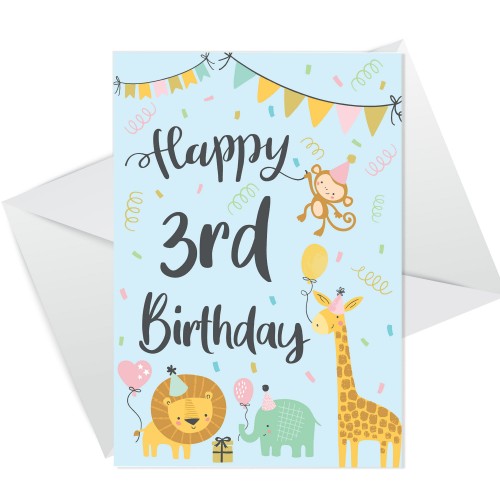 3rd Birthday Jungle Animals Card for Girls Boys 3 Year Old Child