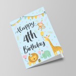 4th Birthday Jungle Animals Card for Girls Boys 4 Year Old Child