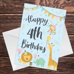 4th Birthday Jungle Animals Card for Girls Boys 4 Year Old Child