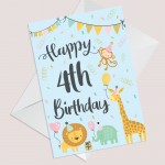 4th Birthday Jungle Animals Card for Girls Boys 4 Year Old Child