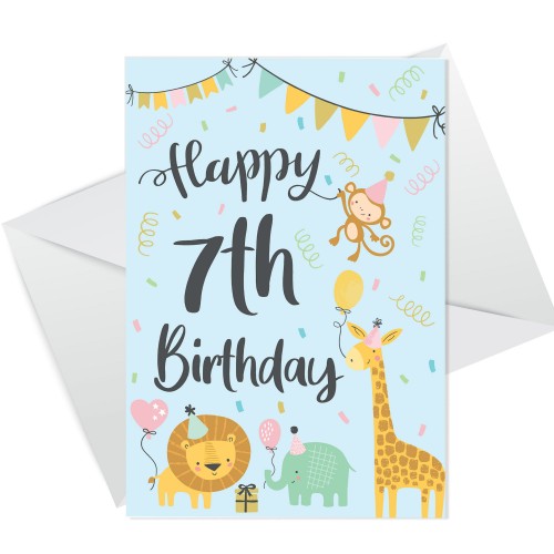 7th Birthday Jungle Animals Card for Girls Boys 7 Year Old Child