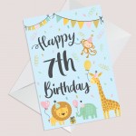 7th Birthday Jungle Animals Card for Girls Boys 7 Year Old Child