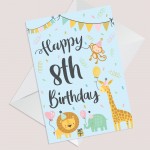 8th Birthday Jungle Animals Card for Girls Boys 8 Year Old Child