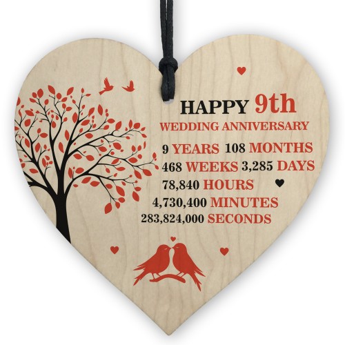 9th Wedding Anniversary Wooden Heart Plaque Wife Husband Gifts