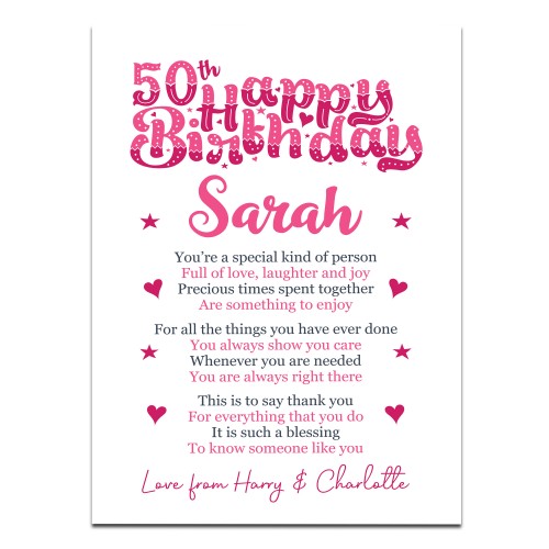 PERSONALISED 50th Birthday Gifts For Her Gift For Daughter A3