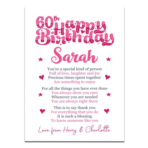 PERSONALISED 60th Birthday Gift For Her Gift For Daughter A3