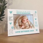 Personalised Newborn Baby Boy 7x5 White Wooden Photo Frame