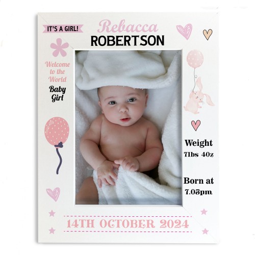 Personalised Baby Girl Portrait Photo Frame With Birth Details