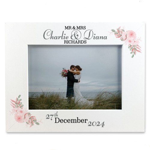 Personalised Mr & Mrs Wedding Photo Frame Gift With Pink Floral