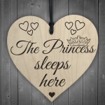 The Princess Sleeps Here Wooden Hanging Heart Bedroom Plaque